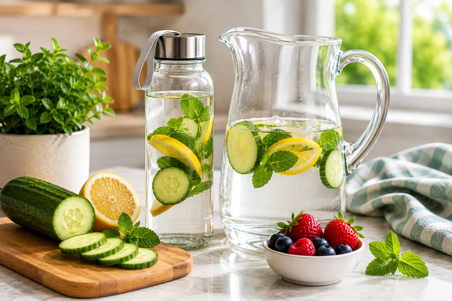 Flavored water with lemon cucumber mint and berries