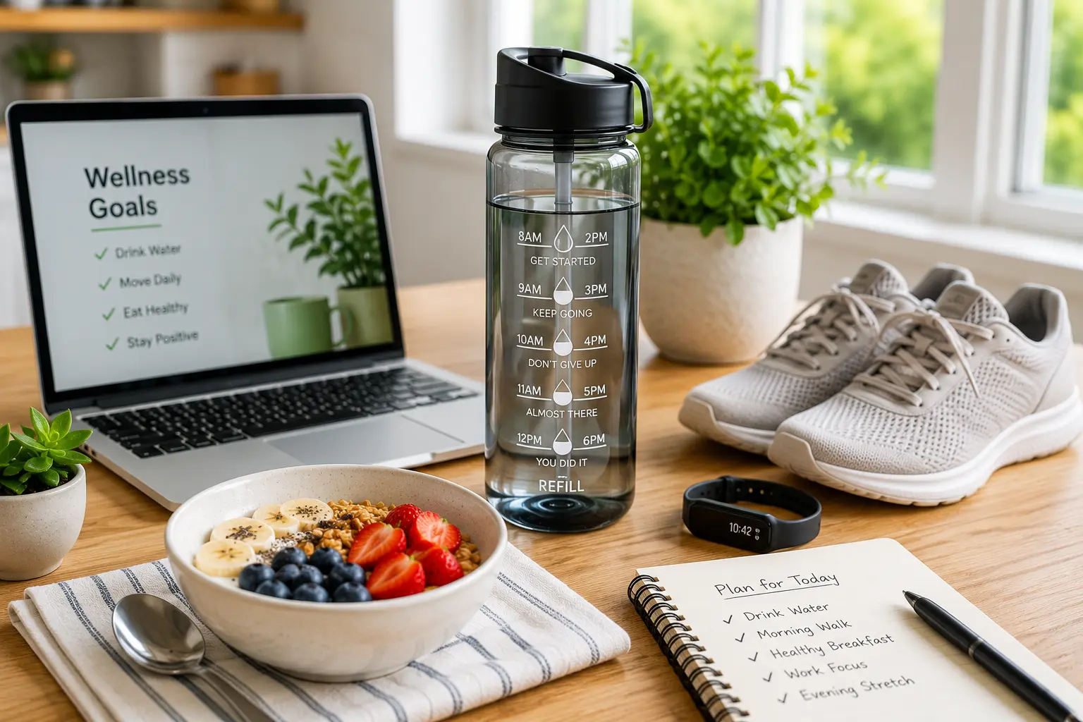 Reusable water bottle with breakfast and daily wellness routine