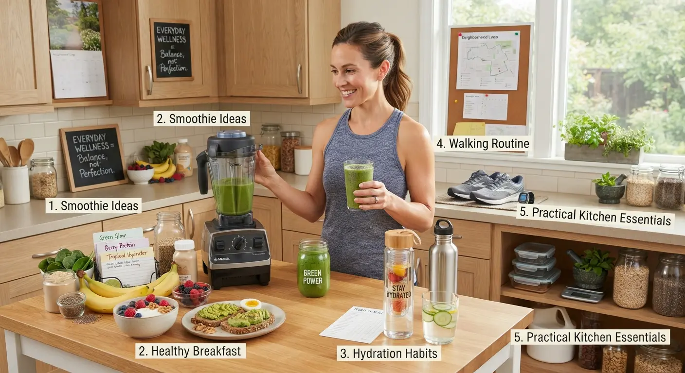Kitchen counter with a smoothie blender, reusable water bottles, meal prep containers and everyday kitchen tools