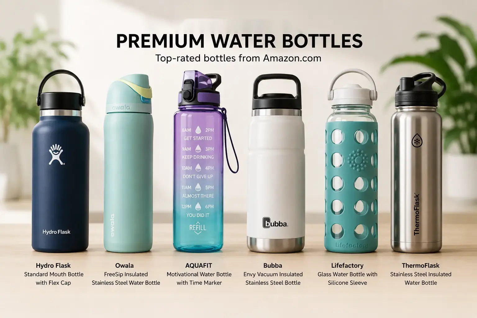 Assortment of reusable water bottles and drinkware